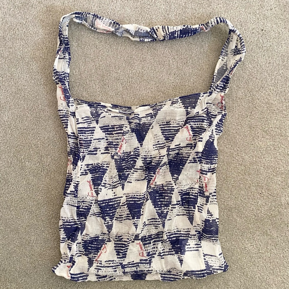 Free People Gauzy Linen Geometric Triangle Print Bag Tote 14” x 14”